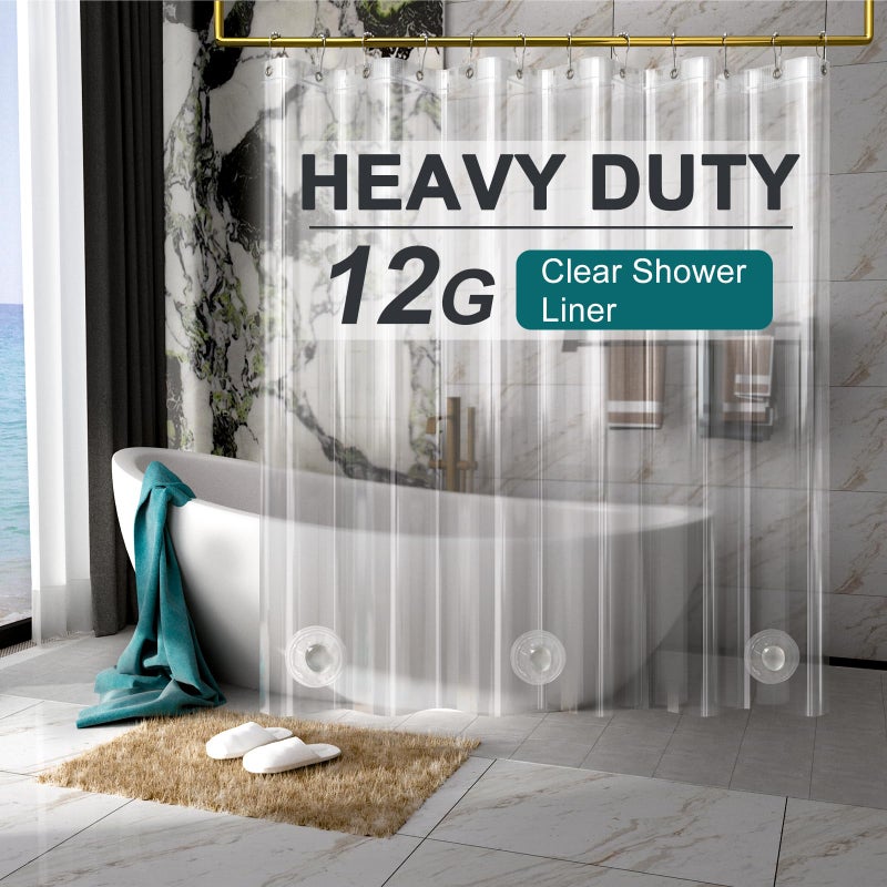 AmazerBath Heavy Duty Shower Curtain Liner 12 Gauge, 72 x 65 Inches Clear Shower Curtain Liner with 3 Clear Stones and 12 Grommet Holes, Weighted Plastic Shower Liner - Image 1